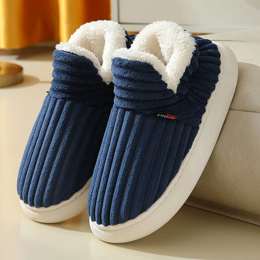 Navy Blue Slippers Shevalues – Cozy Cotton Plush Indoor Boots, Soft Furry Footwear for Home Comfort