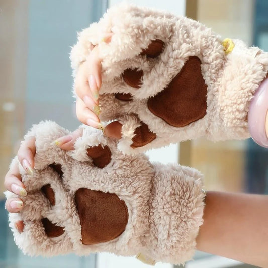 Lovely Plush Cat Claw Gloves – Warm Fingerless Mittens, Soft Fluffy Bear Paw Costume Gloves