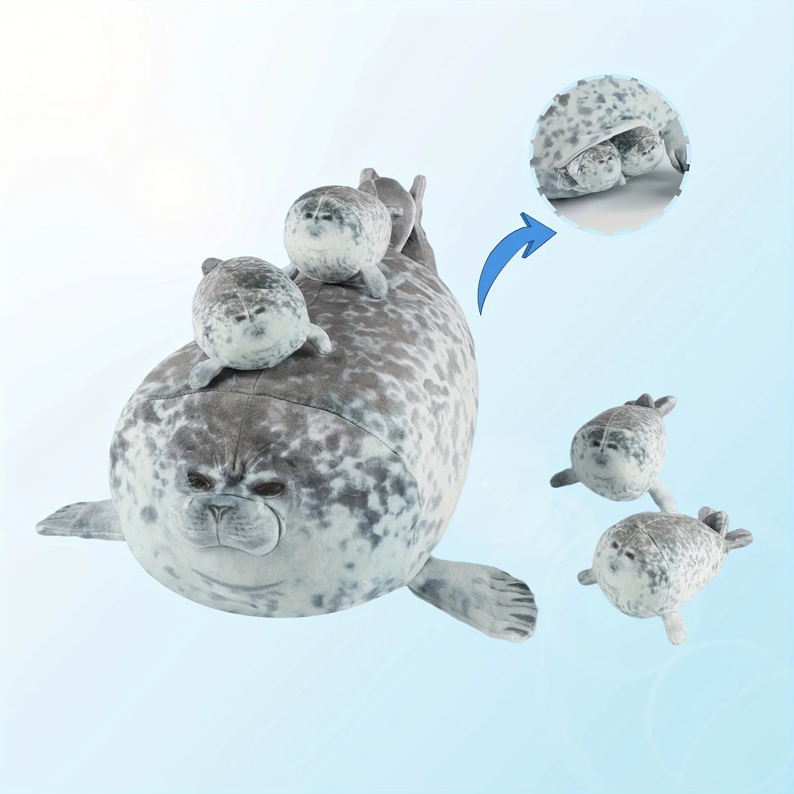 Plush Seal Pillow – Chubby Sea Lion with Four Baby Seals, Soft Stuffed and Unique Decorative Gift