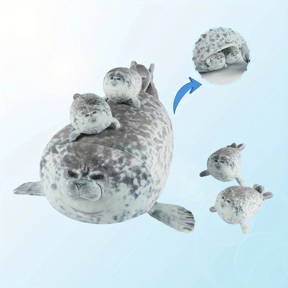 Plush Seal Pillow – Chubby Sea Lion with Four Baby Seals, Soft Stuffed and Unique Decorative Gift