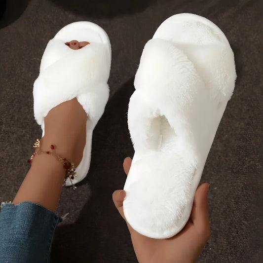 Cozy Cross-Strap Faux Fur Slippers – Warm Indoor Plush Slides, Soft Fuzzy House Shoes, Lightweight Flat Heel Comfort