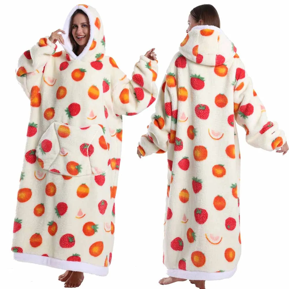 Oversized Blanket Hoodie with Fruit Design – Plush Fleece Sweatshirt, Extra Long and Warm for Winter