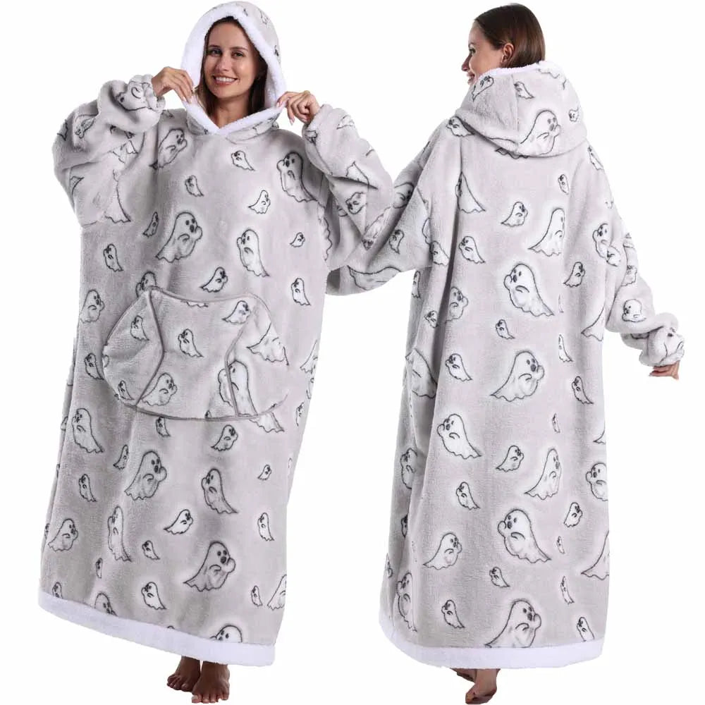 Spooky Oversized Blanket Hoodie – Plush Fleece Pullover Sweatshirt, Extra Long and Warm for Winter Nights
