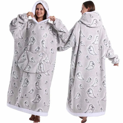 Spooky Oversized Blanket Hoodie – Plush Fleece Pullover Sweatshirt, Extra Long and Warm for Winter Nights