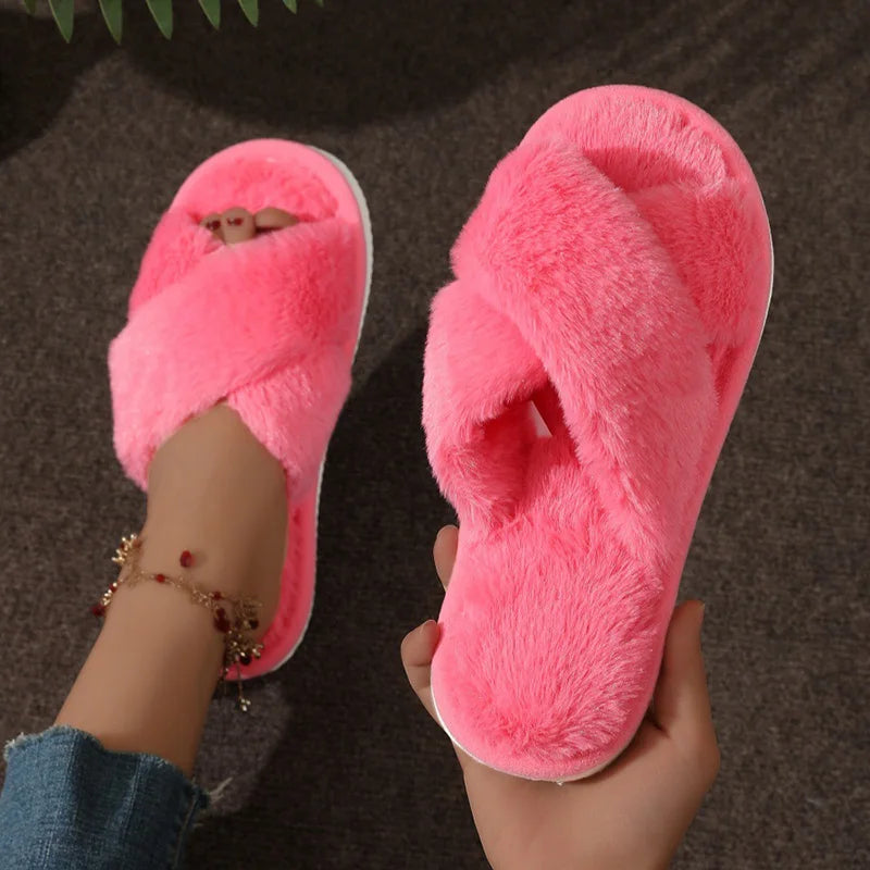 Cozy Cross-Strap Faux Fur Slippers – Warm Indoor Plush Slides, Soft Fuzzy House Shoes, Lightweight Flat Heel Comfort