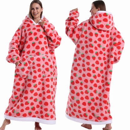 Oversized Blanket Hoodie with Fruit Design – Plush Fleece Sweatshirt, Extra Long and Warm for Winter