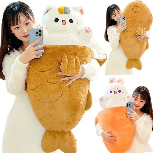 Kawaii Taiyaki Cat and Animal Plush Pillow – 80×45 cm Soft Throw Cushion – Cute Rabbit, Dog, and Ferry Designs