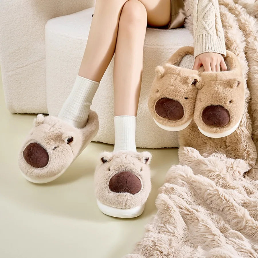 Capybara Cotton Slippers – Warm Plush Indoor House Shoes, Breathable Non-Slip Soft Slippers with Half-Wrap Heel(Sizes 36–41)