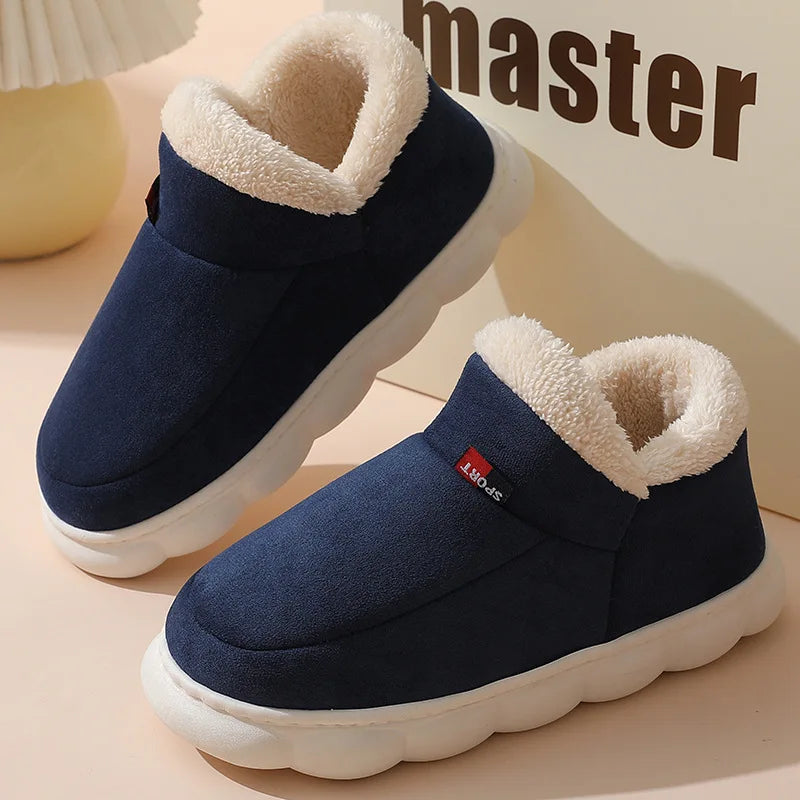 Navy Blue Slippers Shevalues – Cozy Cotton Plush Indoor Boots, Soft Furry Footwear for Home Comfort