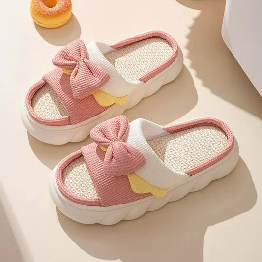 All-Season Ribbon Slippers – Lightweight Cotton Linen Indoor Sandals for Home, Dorm, or Travel