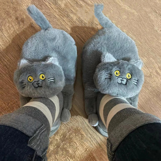 Cuddly Hug Cat Slippers – Kawaii Furry Winter Home Slides , Cute White Mules, Cozy Indoor Shoes, Perfect Gift