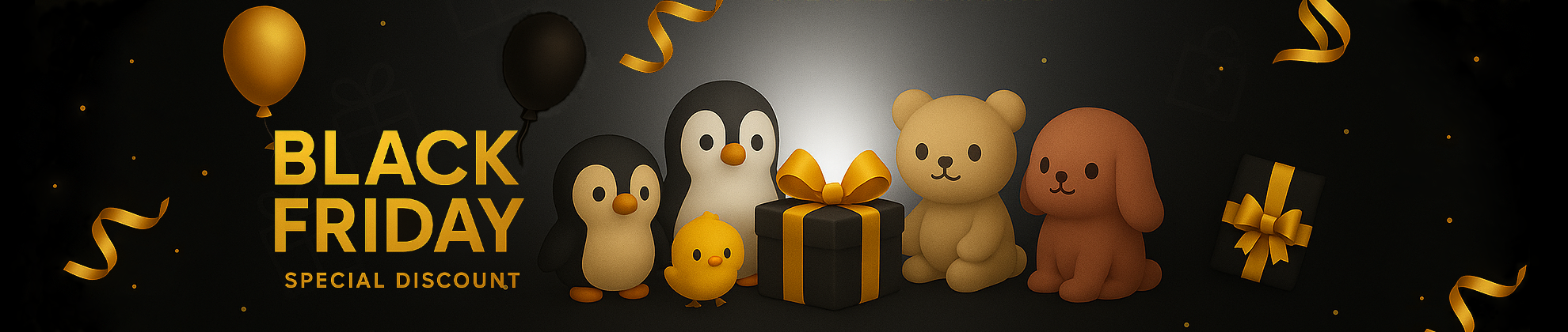 Black Friday promotional banner with plushies and gift box on a dark background