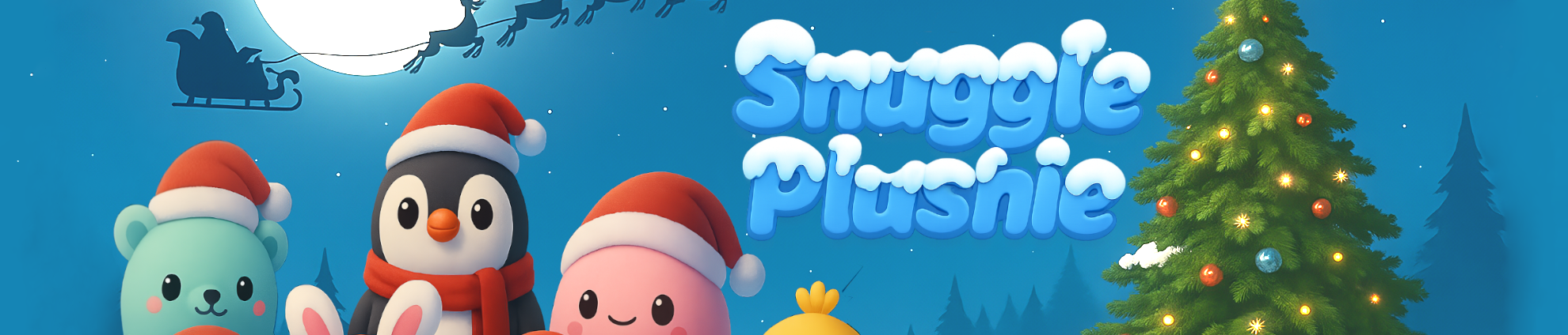Christmas-themed promotional banner with plushies and 'Snuggle Plushie' text.