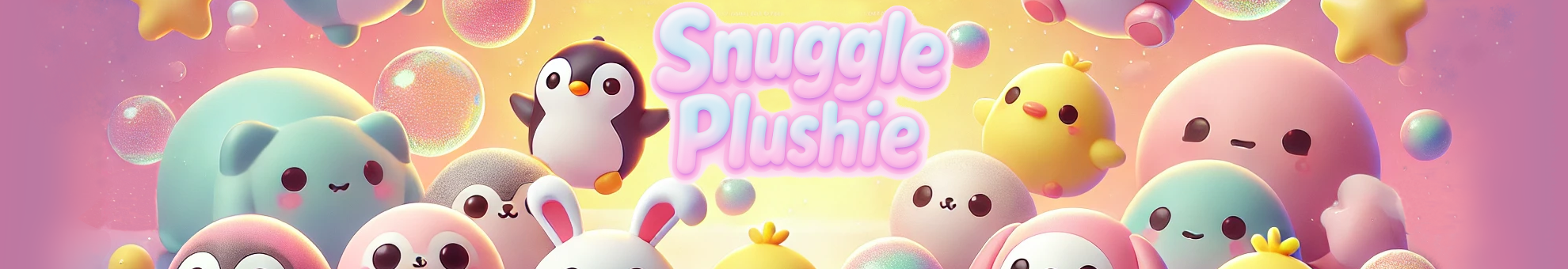 Cute plush toys with 'Snuggle Plushie' text on a colorful background